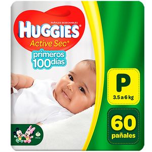 Pañal Huggies Active Sec Primeros Días Talla P - Bolsa 60 UN