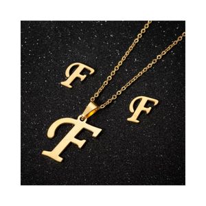 Collar y Aretes Set para Regalo Mujer con Dijes Letra Inicial F Dorado