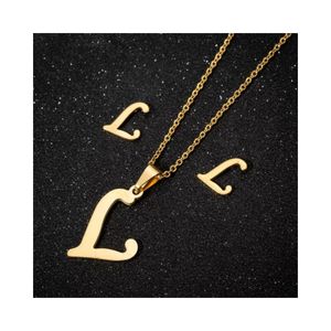 Collar y Aretes Set para Regalo Mujer con Dijes Letra Inicial L Dorado