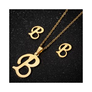 Collar y Aretes Set para Regalo Mujer con Dijes Letra Inicial B Dorado