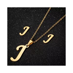 Collar y Aretes Set para Regalo Mujer con Dijes Letra Inicial J Dorado
