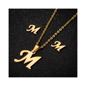 Collar y Aretes Set para Regalo Mujer con Dijes Letra Inicial M Dorado