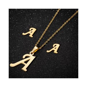 Collar y Aretes Set para Regalo Mujer con Dijes Letra Inicial A Dorado
