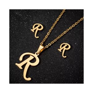 Collar y Aretes Set para Regalo Mujer con Dijes Letra Inicial R Dorado