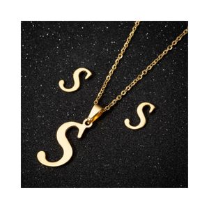 Collar y Aretes Set para Regalo Mujer con Dijes Letra Inicial S Dorado