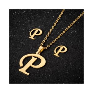 Collar y Aretes Set para Regalo Mujer con Dijes Letra Inicial P Dorado