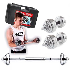Set de 30 kg Pesas y Mancuernas Cromadas + Maletín + Adaptador