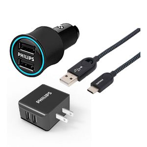 Combo Cargador de Auto 2 Puertos - Cargador de Pared 2 Puertos - Cable Micro Usb  Philips Dlp2553Ac