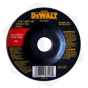 Disco Abrasivo Corte Metal 4 Dewalt DW44601 1/2" x 1/16" 1.6 mm