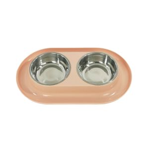 Plato Comedero Belén Doble Acero Inoxidable Base Plástico Desmontable Rosado