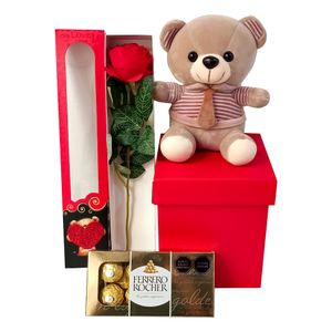 Pack Regalo Amor Sifrah Shop Peluche Osito con Ferrero Rocher y Rosa