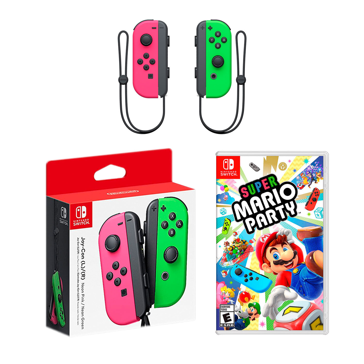 Joy Con Neon Rosa y Verde Splatoon Nintendo Switch + Mario Party