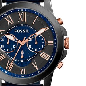 Reloj Fossil Grant FS5061 Genuino Cronómetro Correa de Cuero Azul Negro