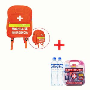 Mochila de Emergencia Naranja + Botiquín + 2 Botellas de Agua 500 ml
