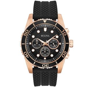 Reloj Bulova 98A192 Para Hombre Cronómetro Correa de Silicona Negro Oro Rosado