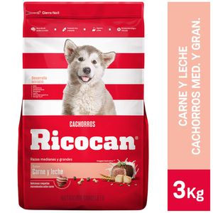 Comida para Perros RICOCAN Cachorros Razas Medianas y Grandes Carne y Leche Bolsa 3Kg