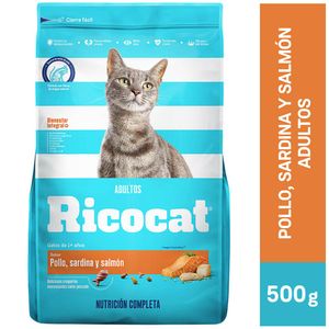 Comida para Gatos RICOCAT Adultos Sabor Pollo, Sardina y Salmón Bolsa 500g