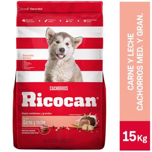 Comida para Perros RICOCAN Cachorros Razas Medianas y Grandes Carne y Leche Bolsa 15Kg
