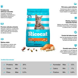 Comida para Gatos RICOCAT Adultos Pollo, Sardina y Salmón Bolsa 9Kg
