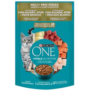 Alimento para Gatos PURINA ONE Adultos Salmón, Atún y Pescado Blanco Doypack 85g