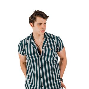 Camisa Hawaiana TROPIKL Green Stripes Silk Slim Fit Hombre