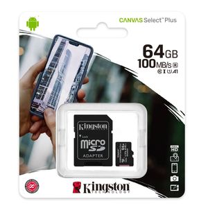 Tarjeta MicroSDXC Kingston Canvas Select Plus 64GB, U1, Clase 10, 100MB/s