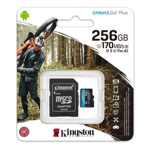 Tarjeta MicroSDXC Kingston Canvas Go Plus 256GB, A2, U3, V30, 170 MB/s, incluye adaptador