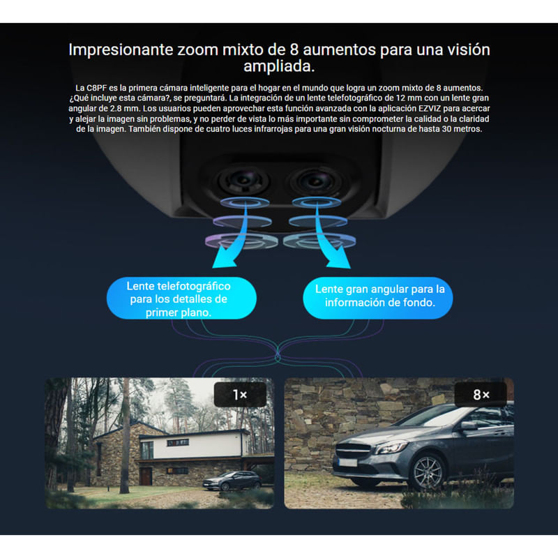 EZVIZ Cámara de seguridad para exteriores, cámara WiFi  panorámica/inclinación/zoom 1080P, zoom mixto de 8 × y cámara de seguridad  de detección de