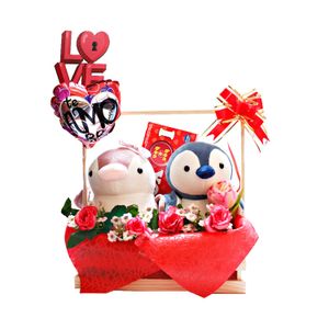 Regalo Canasta con Chocolates y Peluche Pingüinos Amor San Valentín