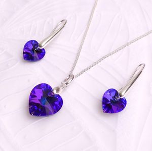 Collar y Aretes de Plata con Dije de Cristal Corazón Morado