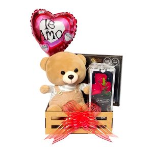 Regalo San Valentín Canasta con Chocolates Peluche Osito y Rosas