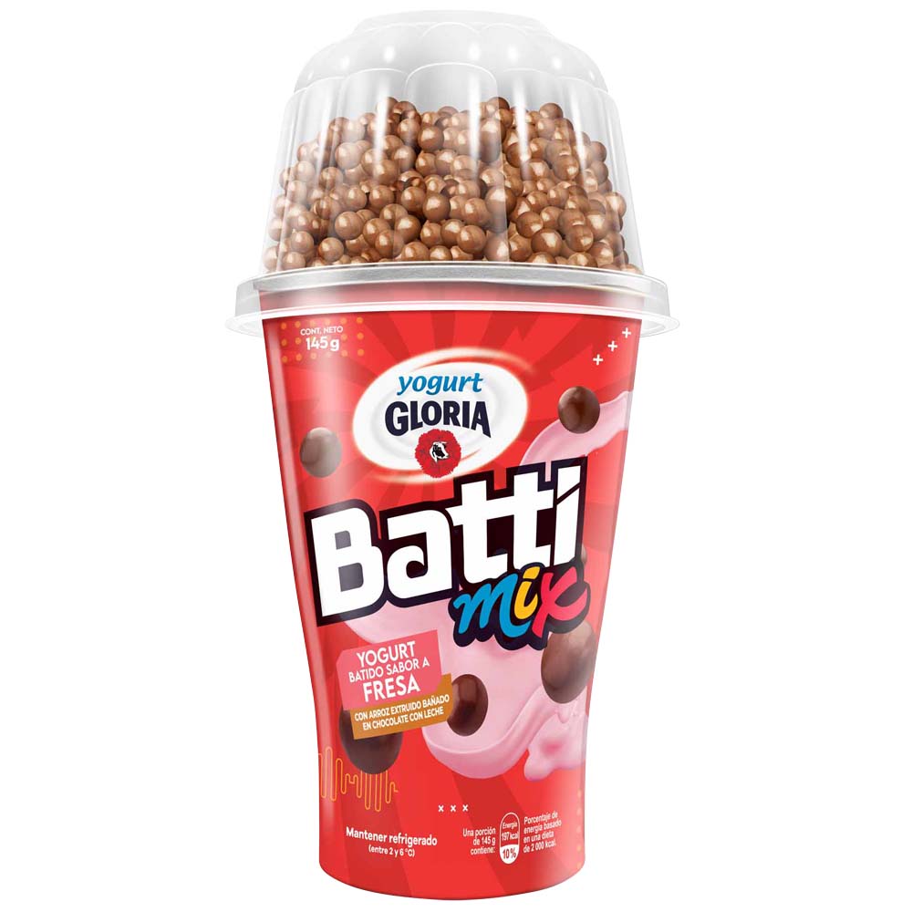 Yogurt Gloria Battimix Fresa Con Arroz Crujiente Bañado En Chocolate