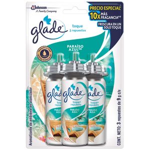Ambientador en Atomizador GLADE Toque Paraíso Azul Empaque 27g Paquete 3un