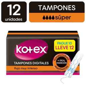 Tampón KOTEX sin Aplicador Flujo Muy Intenso Caja 12un