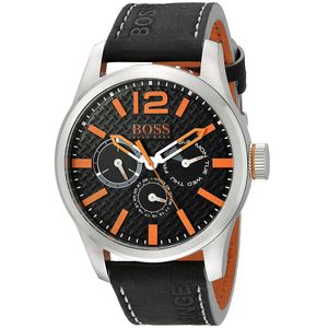 Reloj Hugo Boss Paris 1513228 Para Hombre Multifuncional Correa de Cuero Negro Naranja