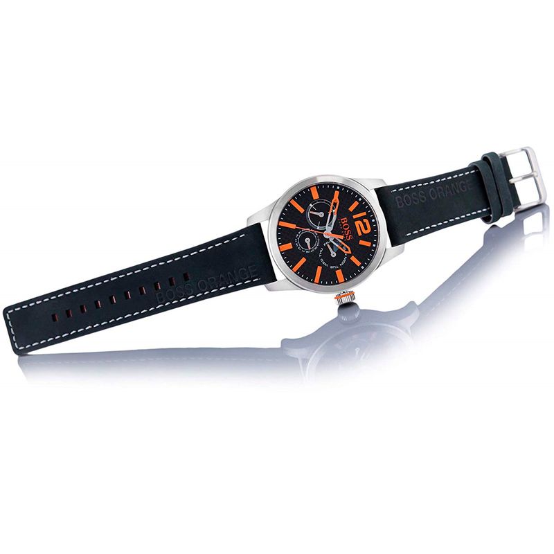Reloj Hugo Boss Paris 1513228 Para Hombre Multifuncional Correa de Cuero Negro Naranja Real Plaza