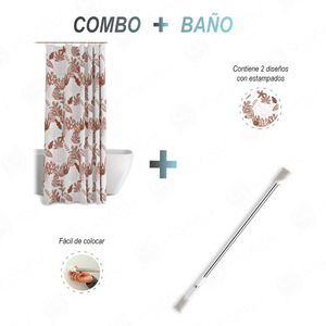 Cortina para Baño con Diseño 2 uds+Barra para Cortina de Baño