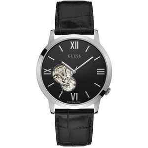 Reloj Guess Automático Open Heart W1267G1 Para Hombre Correa de Cuero Negro Plateado