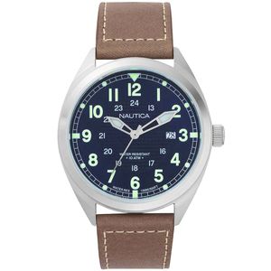 Reloj Nautica Battery Park NAPBTP002 Para Hombre Fecha Correa de Cuero Marrón Azul