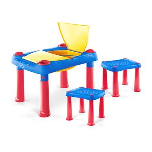 Mesa didactica infantil c/cajón + 2 bancos azul