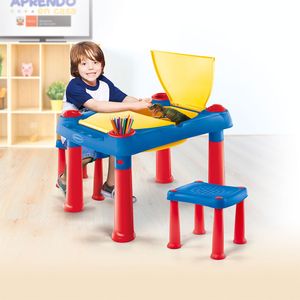 Mesa didactica infantil c/cajón + 2 bancos azul