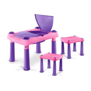 Mesa didactica infantil c/cajón + 2 bancos rosa