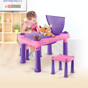 Mesa didactica infantil c/cajón + 2 bancos rosa