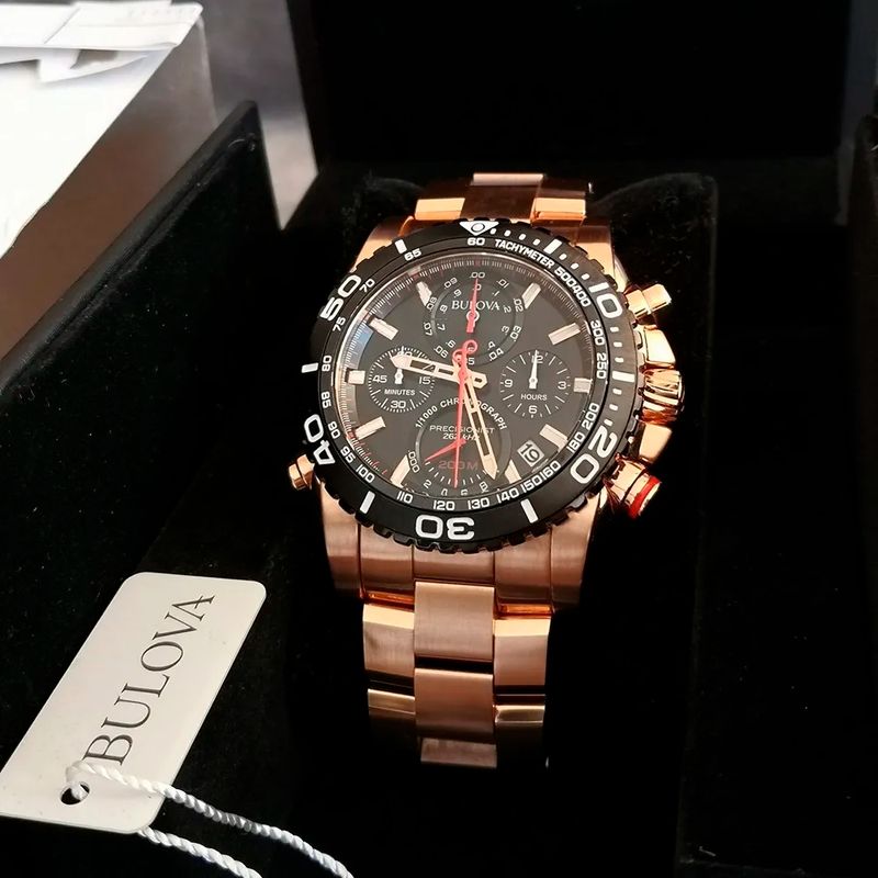 Reloj Bulova Precisionist 98B213 Ultra Alta Frecuencia Para Hombre Fecha Cronometro Oro Rosado Negro Real Plaza