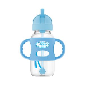 Biberón de Transición con Cañita y Asas de Silicona Boca Ancha 9 oz/270ml. Color Azul