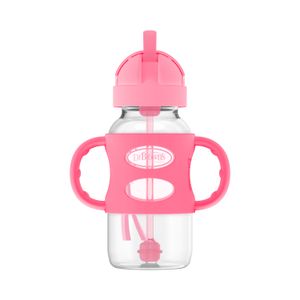 Biberon de transicion con cañita y Asas de silicona boca ancha 9oz ROSA