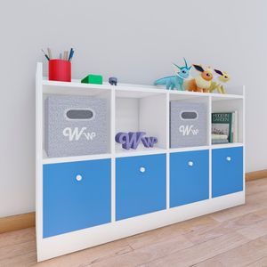 Comoda Juguetero Montessori Wonder Wood Muebleria de 4 Espacios/4 Cajones Melamina Blanca/Azul
