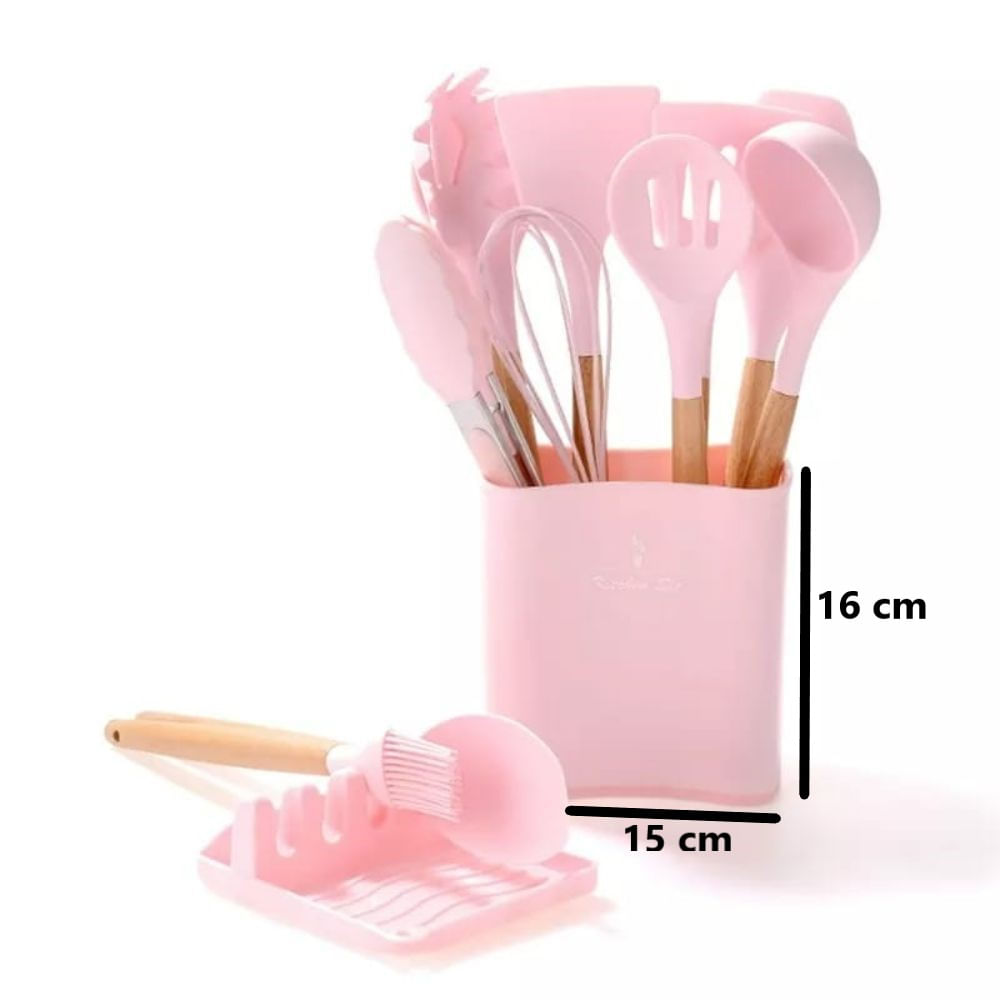 Juego de 12 Utensilios de Cocina Kitchenware Rosa y Madera Silicona BPA  para alimentos Kitchenware S-001