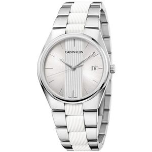 Reloj Calvin Klein Contrast K9E211K6 Suizo Zafiro Para Hombre Fecha Acero Inoxidable Plateado Blanco