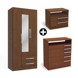 COMBO Ropero Capri 3 puertas Jacaranda + Cómoda 5 cajones + Velador 2 cajones